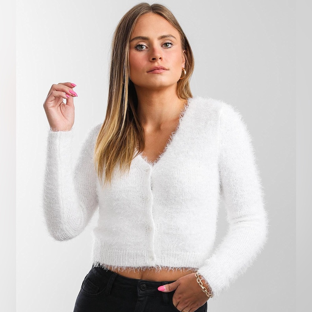 Women's Cropped White Fuzzy Sweater